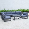 Leisuremod Chelsea 7-Piece Patio Sectional And Coffee Table Set Black Aluminum With Blue Cushions CSTBL-7BU